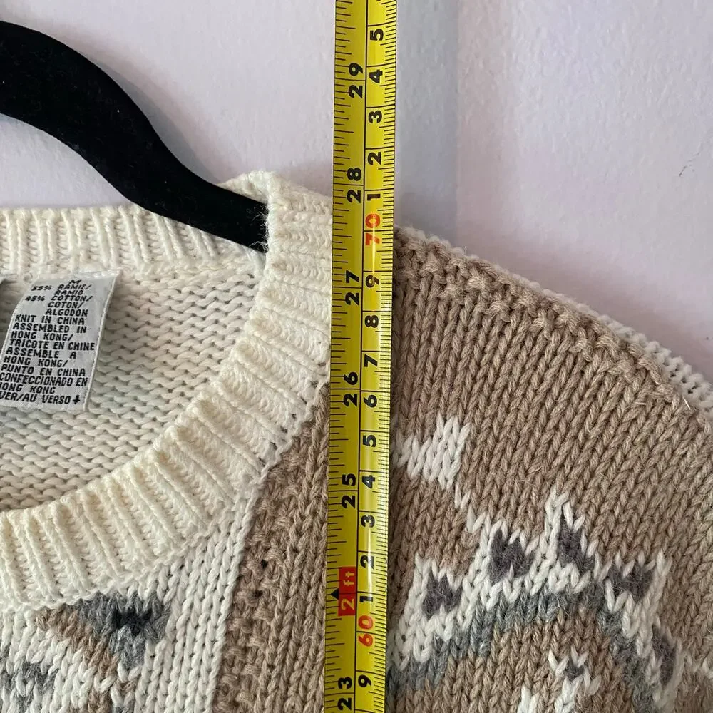 Vintage Russ Sport Grannycore White Brown Knit Chunky Crewneck Sweater Medium